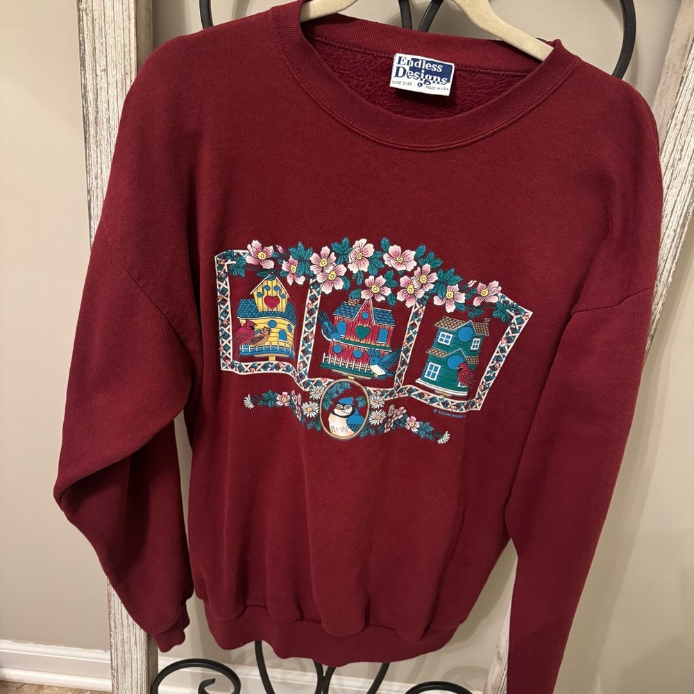 Endless Designs Vintage Birdhouse Birds‎ Floral Sweatshirt Made in USA L